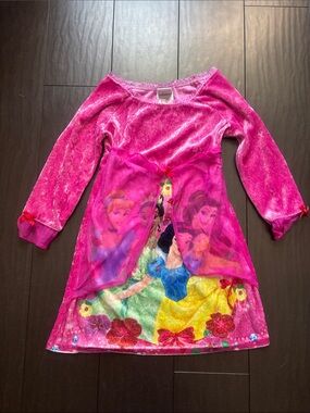 Disney Girls Pink Princess Velvet Nightgown with Multicolor Princess Print
